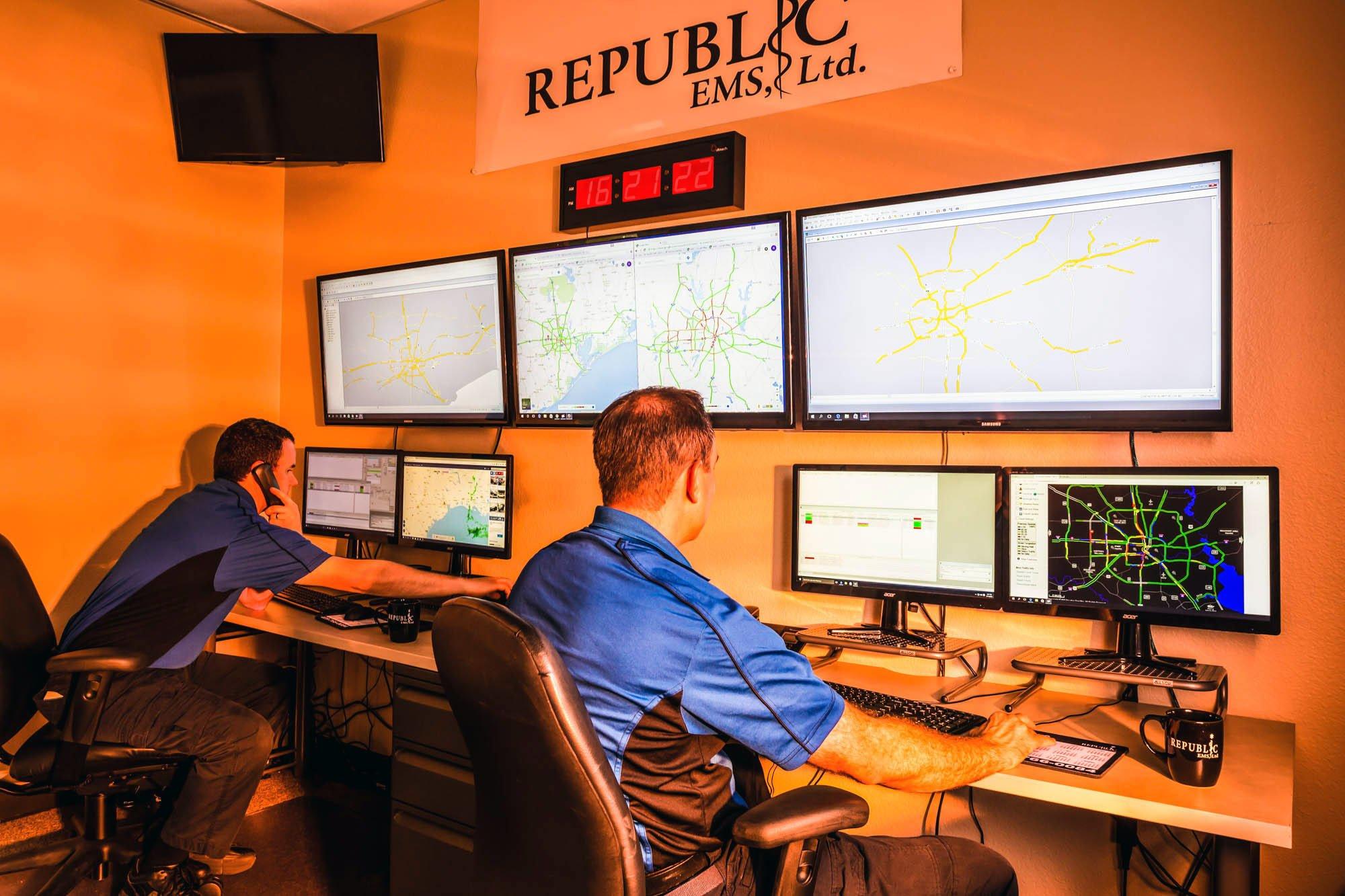 Republic EMS dispatchers monitoring Texas traffic maps in the dispatch center